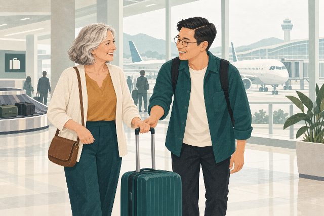 An older female traveler welcomed at the airport by her male local host.