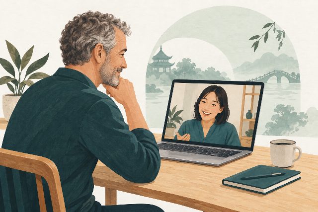 An older male traveler getting to know a local host on a video call.
